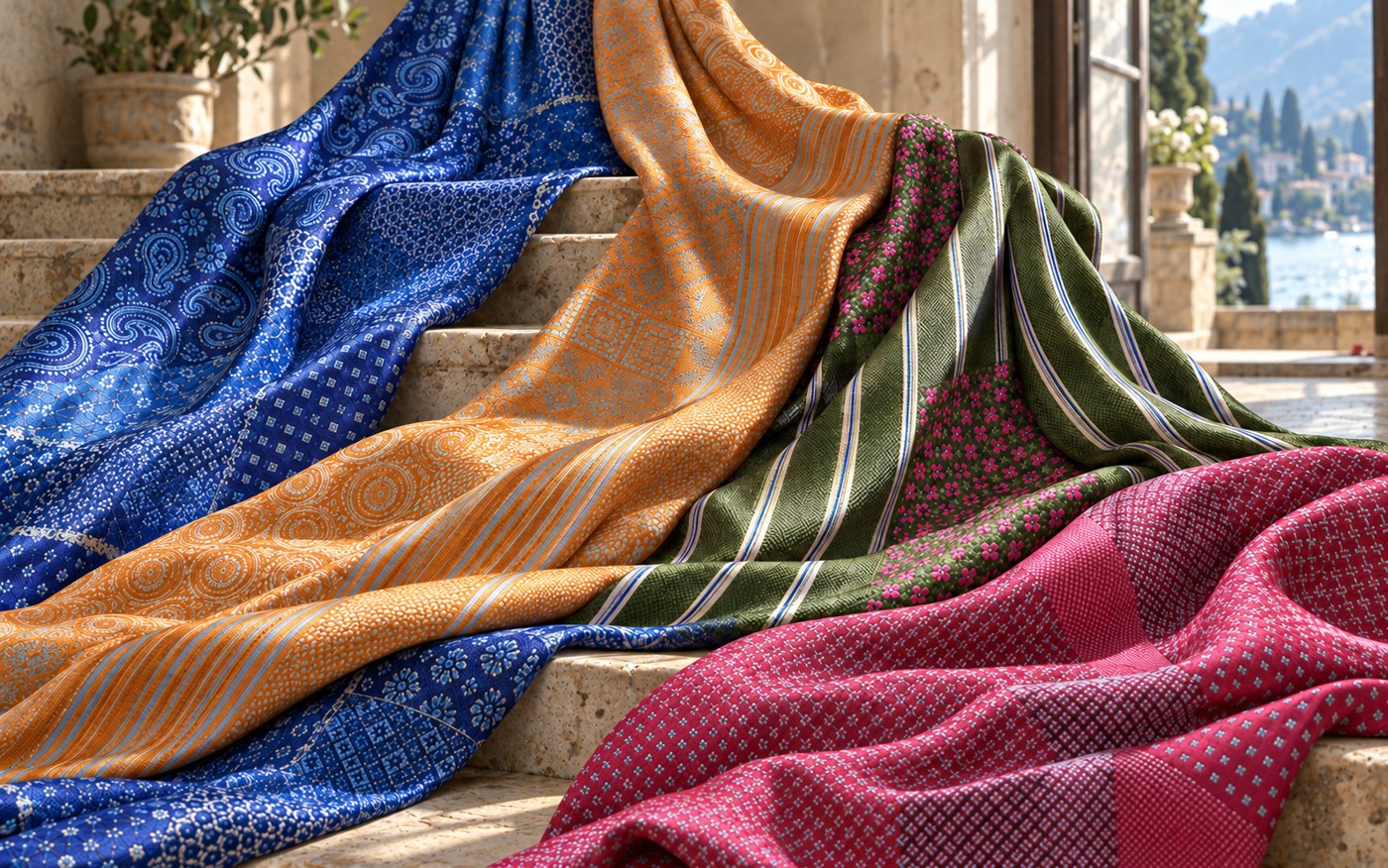 Tessuti jacquard disposti in una composizione scenografica, con motivi e colori diversi