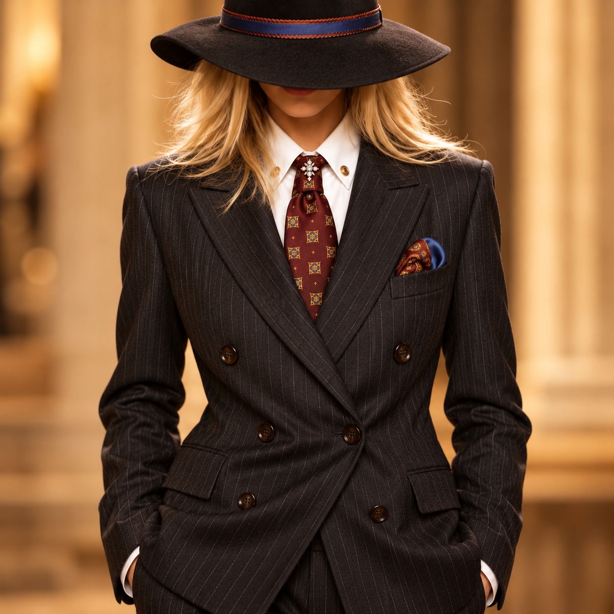 Donna con cappello e cravatta jacquard bordeaux